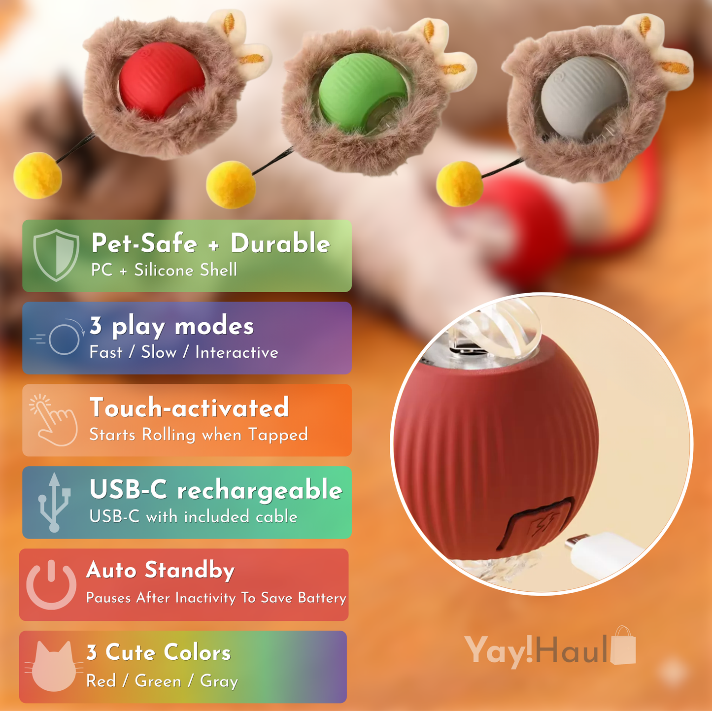Yay! Haul Smart Cat Ball - Auto-Rolling Interactive Toy